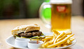 hamburger, french fries, and beer